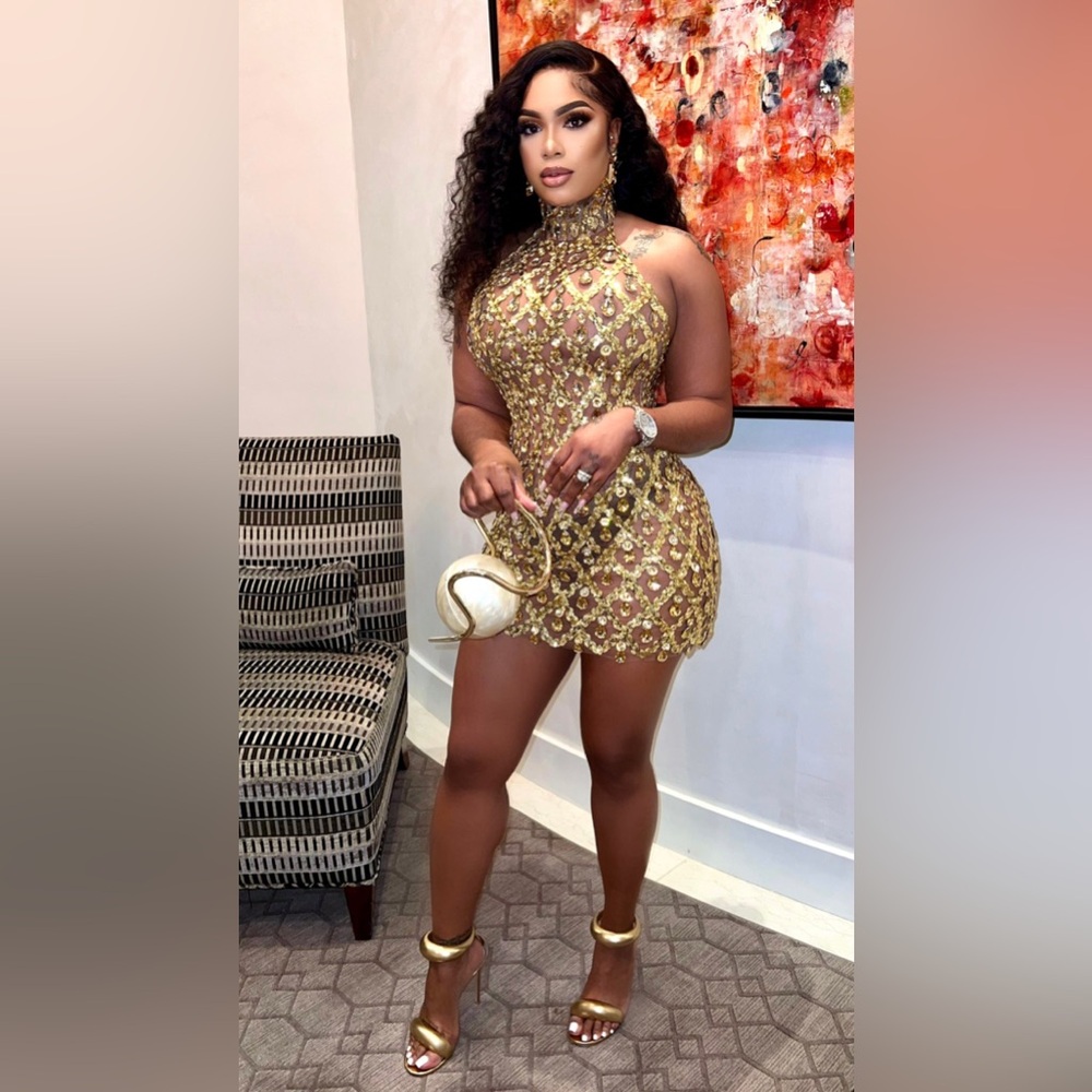 Gold Diamond Embellished Mini Dress